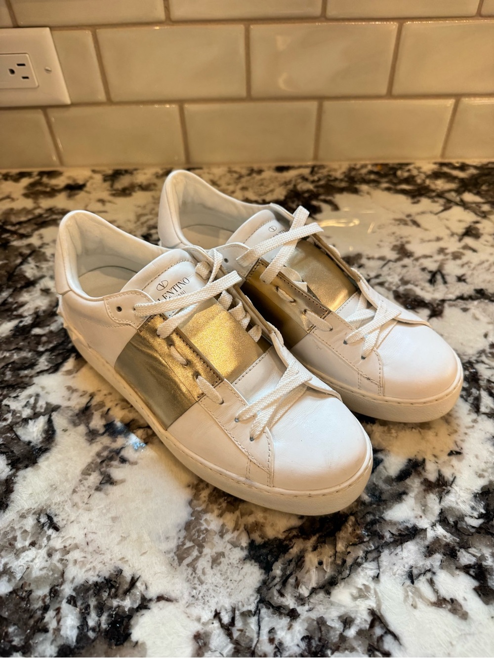 Valentino White Sneakers with Metallic Gold - Size 38